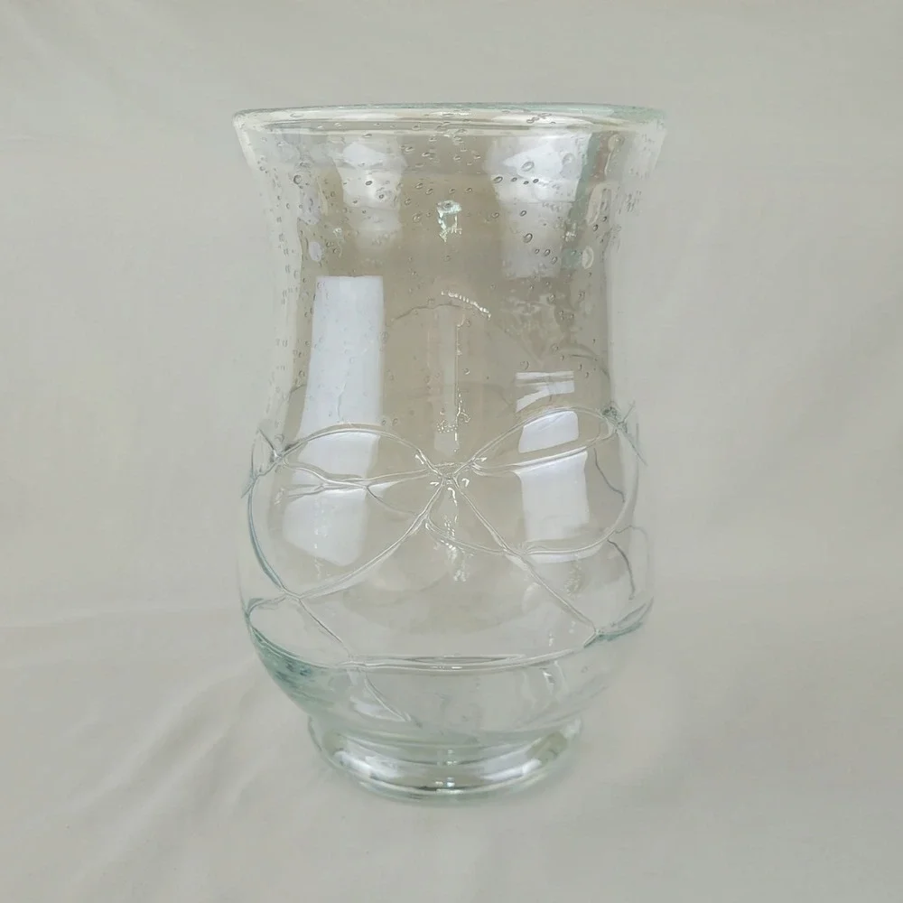 Hand Blown Seeded Glass Hurricane Vase Swirl Ribbon Detail Clear 9